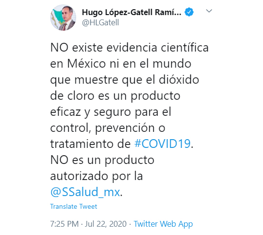 Gatell, twitter, dióxido de cloro, COVID-19, coronavirus